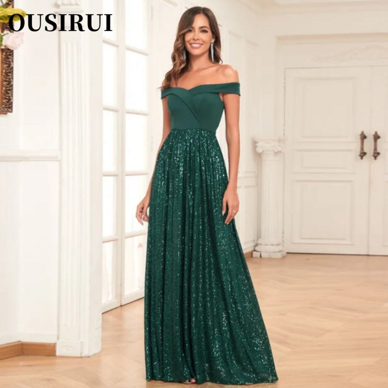 Green A Line Chic Sequin Wedding Party Gowns 2024 Wholesale Women Dresses For Party Elegant Long Off The Shoulder Evening Dress