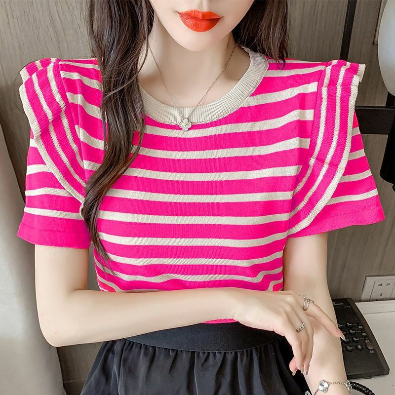 T-shirt de manga curta listrada feminina com babados, estilo coreano, casual, magro, colar redondo, cores de contraste, verão