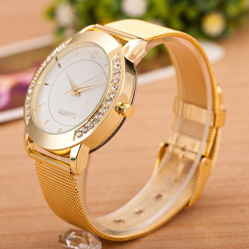 女性用ステンレススチールラインストーン腕時計,クォーツ時計,ゴールドカラー,アナログフェイス