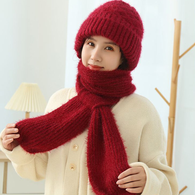 Chapéu e cachecol feminino de pelúcia, tudo em um, tricotado, quente, espessado, gorro para proteção de ouvido feminino, esqui ao ar livre, inverno