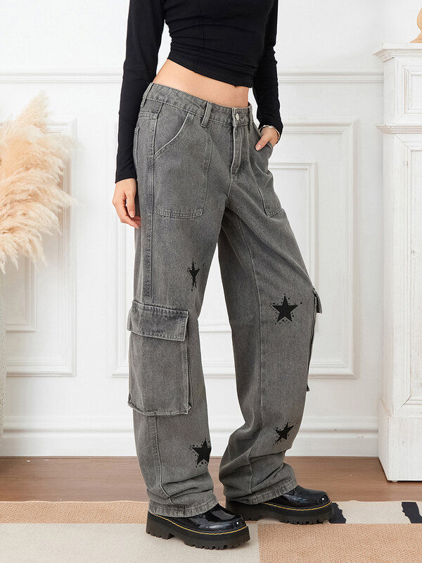 Женские джинсы-багги с заниженной талией, расклешенные джинсы-бойфренды с широкими штанинами, брюки в стиле Харадзюку, Y2k