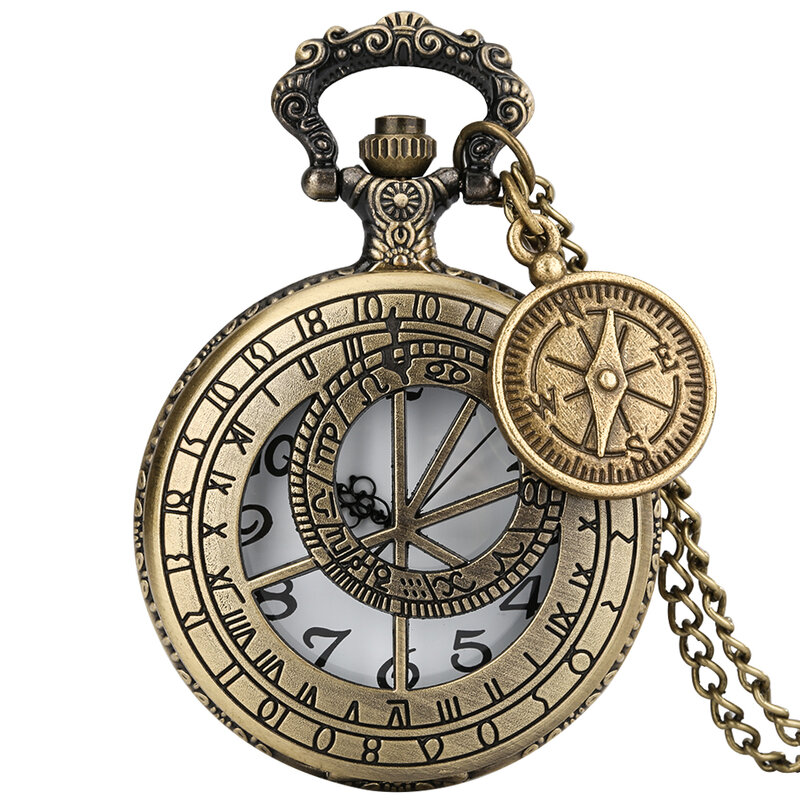 Unique Gift Vintage Fashion Bronze Men Hollowed Out Pocket Watch Slim Chain Compass Tag Nostalgic Unisex Pendant Clock Souvenir
