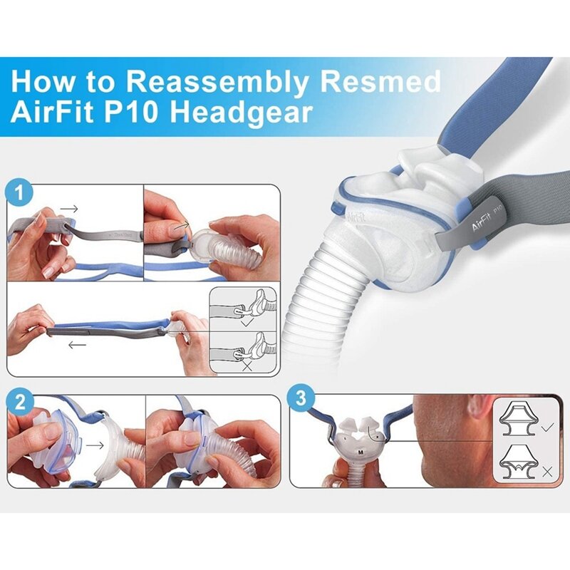Replacement Headgear For Resmed Airfit P10 Nasal Pillow CPAP Mask Straps With Adjustment Clips