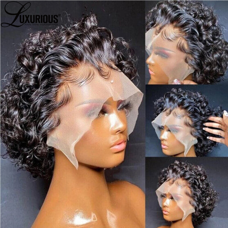 6 Inch 13x1 Short Pixie Cut Wig Water Wave Brazilian Remy Curly Human Hair Bob Wigs  Preplucked Hairline Transparent Lace Wigs