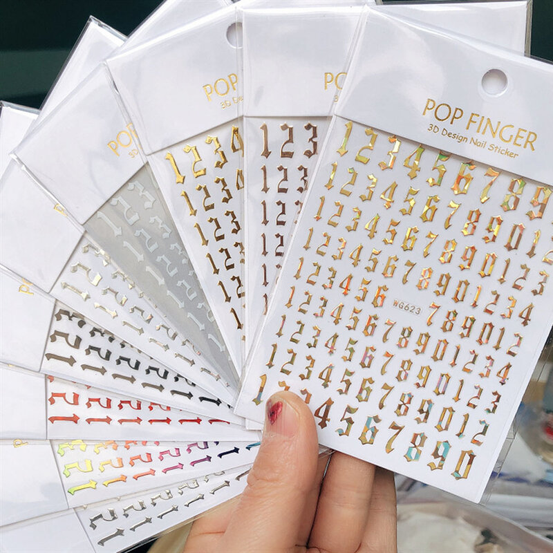 Pegatinas de Arte de uñas con números en inglés antiguo, envoltura autoadhesiva, suministros de esmalte 3D, letras Retro del alfabeto, calcomanías de uñas blancas, doradas y plateadas