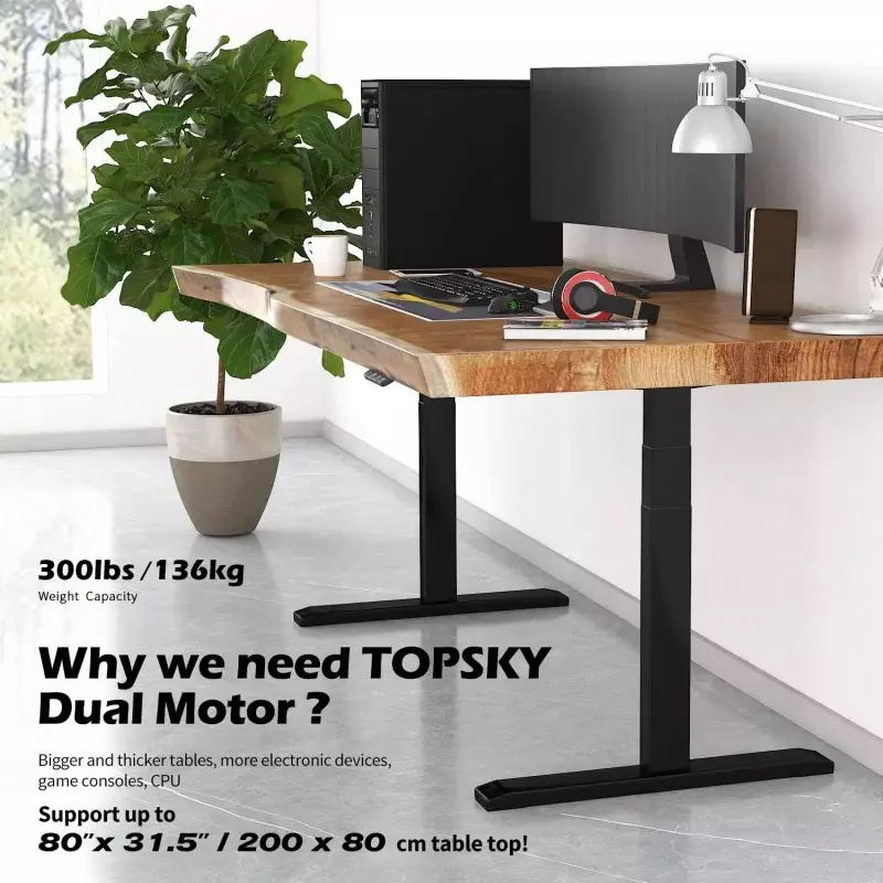 TOPSKY Motor ganda 3 tahap, bingkai meja berdiri elektrik dapat disesuaikan tugas berat kapasitas beban 300lb untuk rumah kantor (bingkai hitam