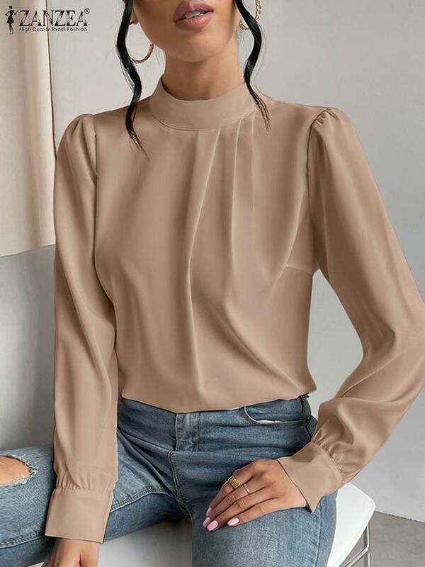ZANZEA eleganckie plisowane bluzki damskie 2024 moda długi rękaw stójka jednolity kolor bluzy Mujer wiosenne jesienne bluzki bluzki