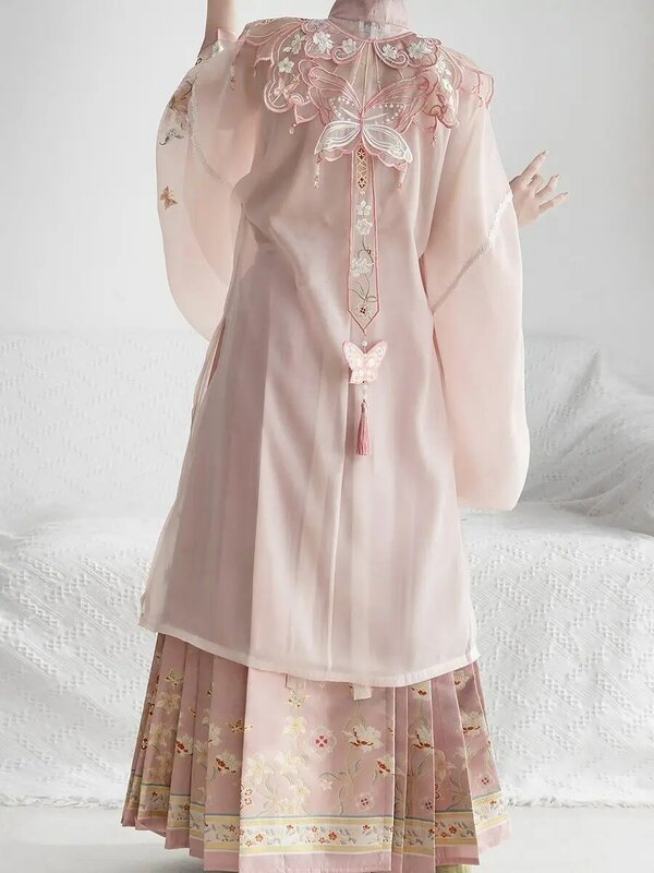Новинка 2024 г., длинное платье в национальном стиле с розовым облаком и воротником-стойкой, плиссированная юбка, Женский комплект из трех предметов hanfu w399