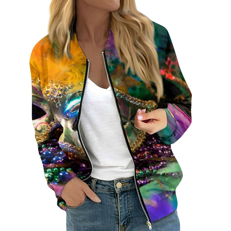 Jacken für Frauen Langarm leichte Reiß verschluss kurz geschnittene Mode-Forward Karneval Print Oberbekleidung lässig geste ppt hochwertige