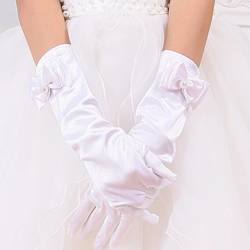 ถุงมือผ้าซาตินผูกโบว์เด็กผู้หญิง, ถุงมือชุดเจ้าหญิงสีชมพูสีขาวสำหรับถ่ายภาพการแสดงบนเวที