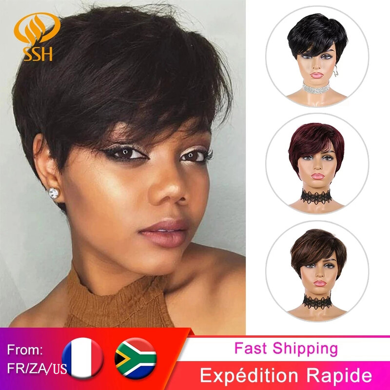 Wear Go-pelucas de cabello humano corto sin pegamento para mujeres negras, corte Pixie recto, Remy, brasileño, Color resaltado, barato