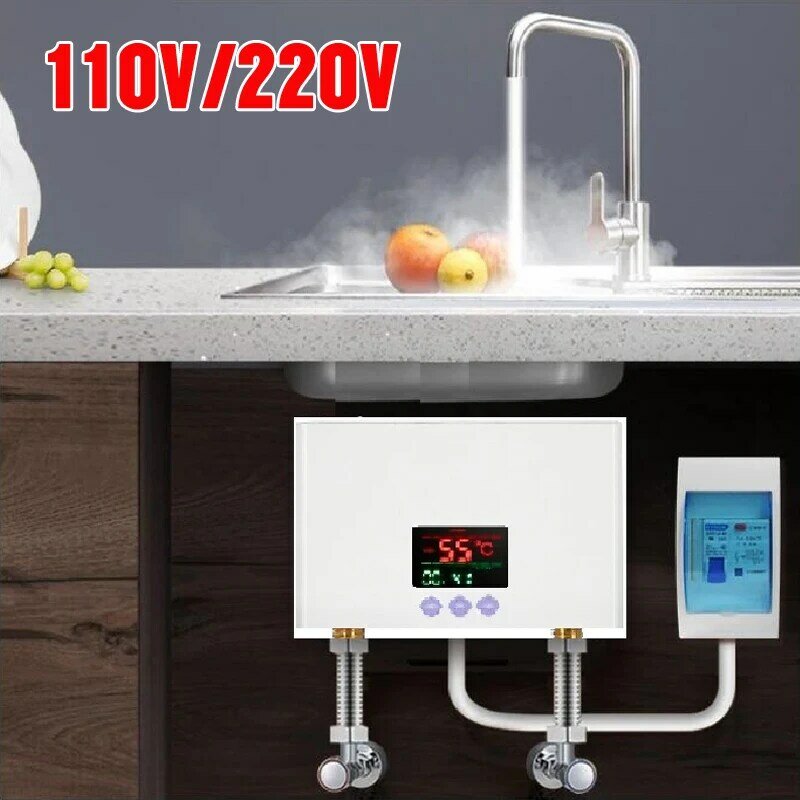 110V 220V Instant Water Heater Kitchen Bathroom Wall Mounted Electric Water Heater LCD Temperature Display with Remote Control