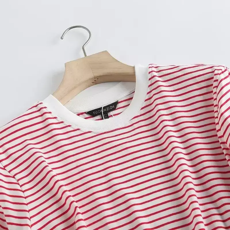 Camiseta de manga corta con escote en contraste para mujer, camiseta a rayas de algodón, Camiseta con cuello redondo, Top holgado informal 2023