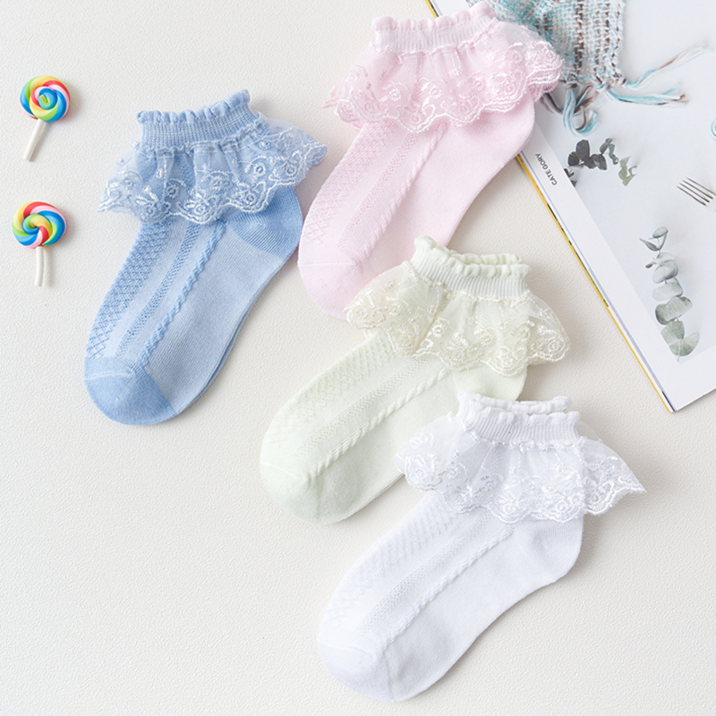 Calcetines finos de malla con volantes de encaje para niñas, medias cortas con puntada en el tobillo, color blanco, verano y primavera