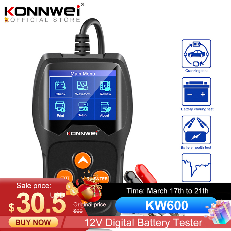 KONNWEI Testador de bateria de carro KW600, Ferramenta de bateria para o diagnóstico de carregamento de arranque rápido do carro, 12V, 100 a 2000CCA