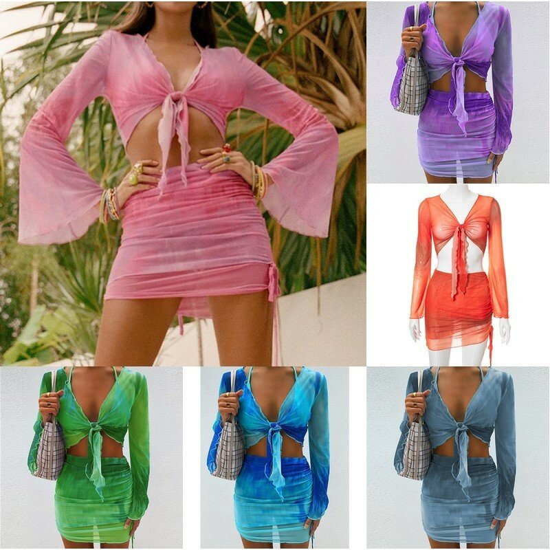 Set di due pezzi Sexy Multi colore Tie Dye Mesh Crop Top Cardigan minigonne abbigliamento da spiaggia abiti da vacanza estate 2024 Dress Holiday
