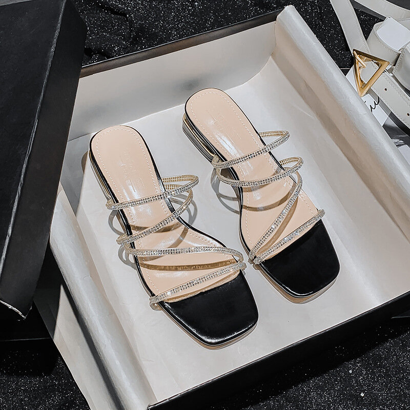 Sandalias de verano con diamantes de agua para mujer, zapatillas de vestir, medio grandes zapatos de tacón, sandalias de lujo para mujer