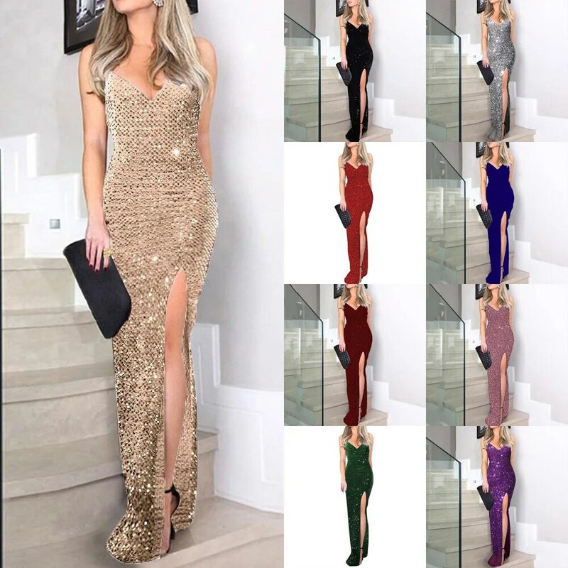 Женское блестящее Деловое платье, блестящее Элегантное коктейльное платье на бретелях-спагетти с V-образным вырезом, Сексуальные облегающие вечерние платья с высоким разрезом, 2024