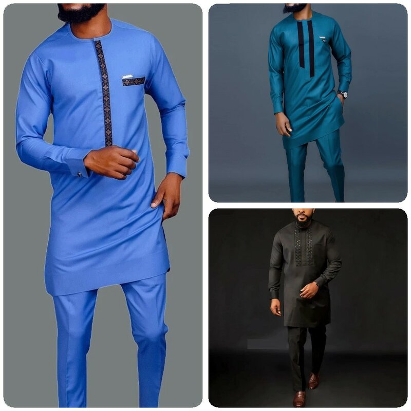 Dashiki African Men เสื้อผ้าผู้ชายชุดลำลองสีน้ำเงินแขนยาวพิมพ์เสื้อและกางเกง2ชิ้นชุดชาย (M-4XL) 2022