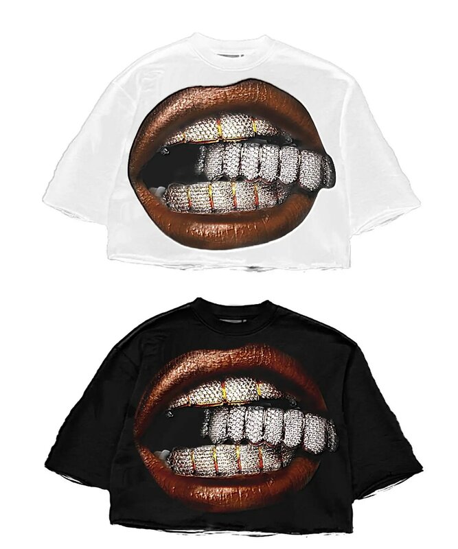 Hip Hop Harajuku Graphic T Shirts para homens e mulheres, dentes de lábios impressos, tops de manga curta soltos, roupas punk góticas, Y2k