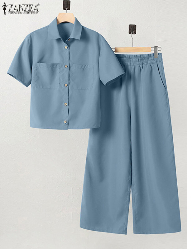 ZANZEA-Conjunto de camisa e calças de manga curta com lapela para mulheres, fato de treino casual, calças soltas, moda verão, 2 peças