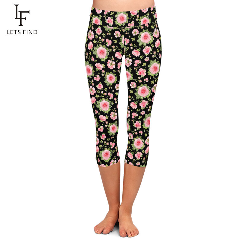 LETSFIND lato piękne kwiaty drukuj legginsy Capri wysokiej talii miękkie i wygodne legginsy Fitness w połowie łydki