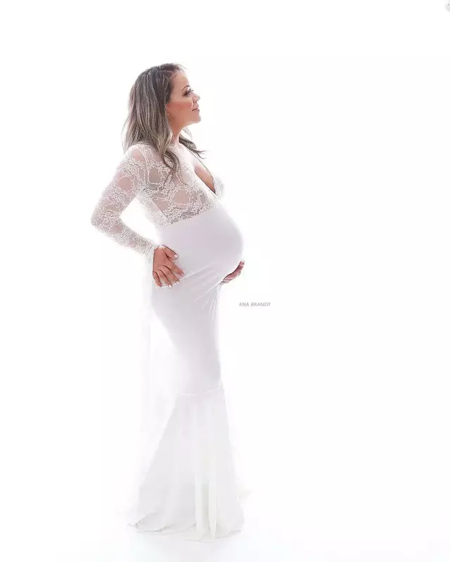 Weiße sexy Umstands kleider für Fotoshooting Spitze Phantasie Schwangerschaft Kleid Fotografie Requisiten Flare Ärmel schwangere Frauen Maxi kleid