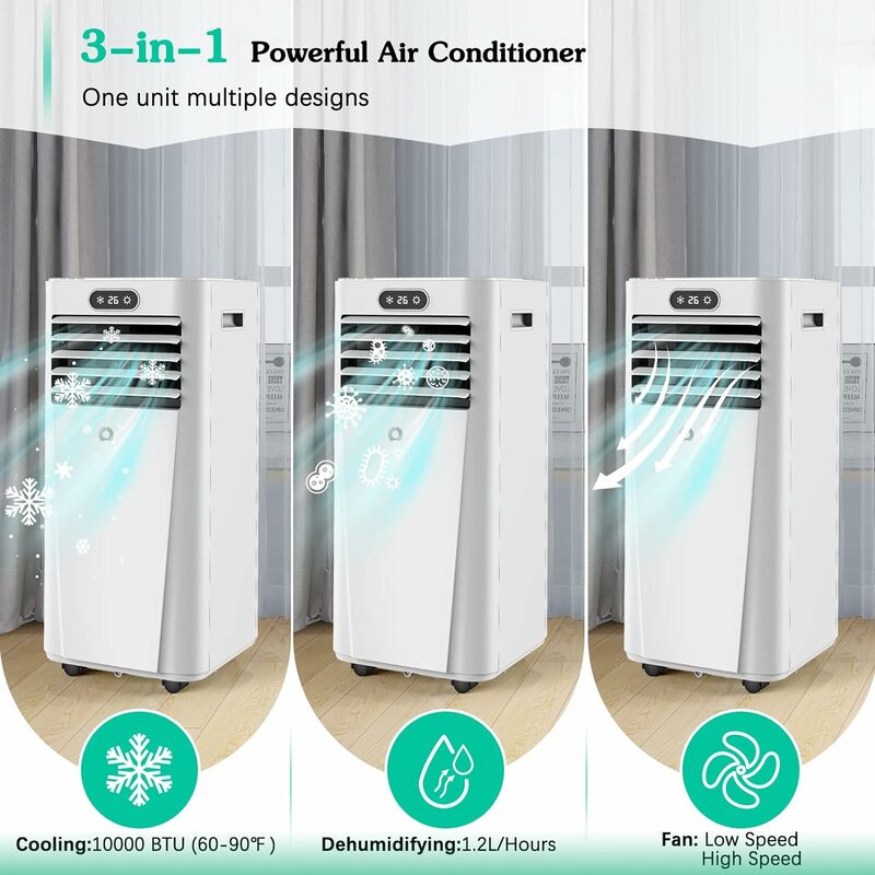 Condicionadores de ar portáteis com desumidificador, 10.000 BTU, 1 quarto para 400 pés quadrados, 3 em 1