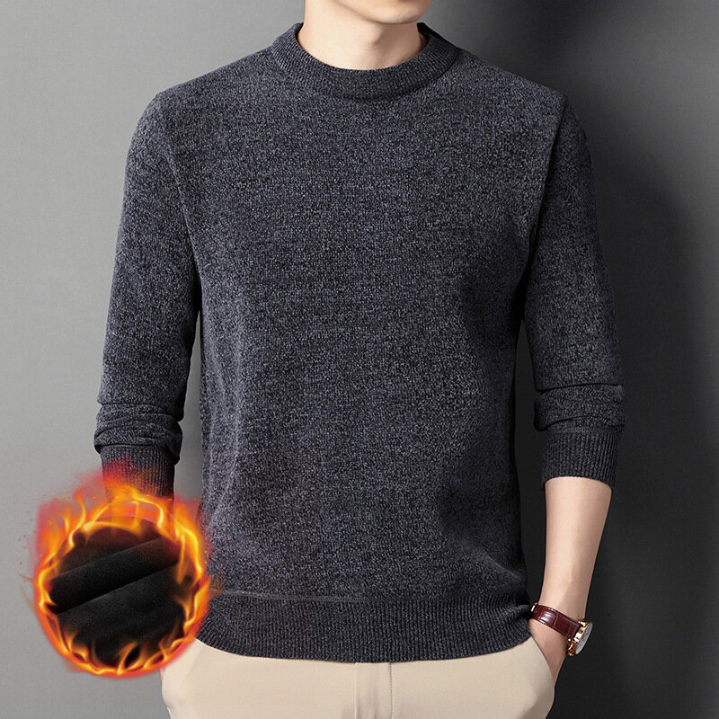 Autumn Winter Men's Korean Fashion Plush Thick Warm Sweater Solid Round Neck Long Sleeve Knitted Sweaters Men Pullovers