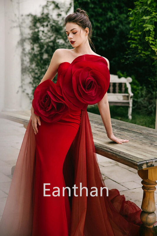 Latest Long Mermaid Evening Dresses Vestidos Strapless Sleeveless Tulle Train Red Satin Party Gowns Long Party Dress for Woman