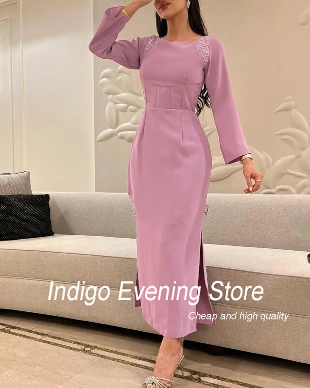Indigo Beaded O Neck Evening Dresses Long Sleeves Saudi Arabia Women Wear Both Side Slit Ankle-Length 2024 Evening Party Gowns