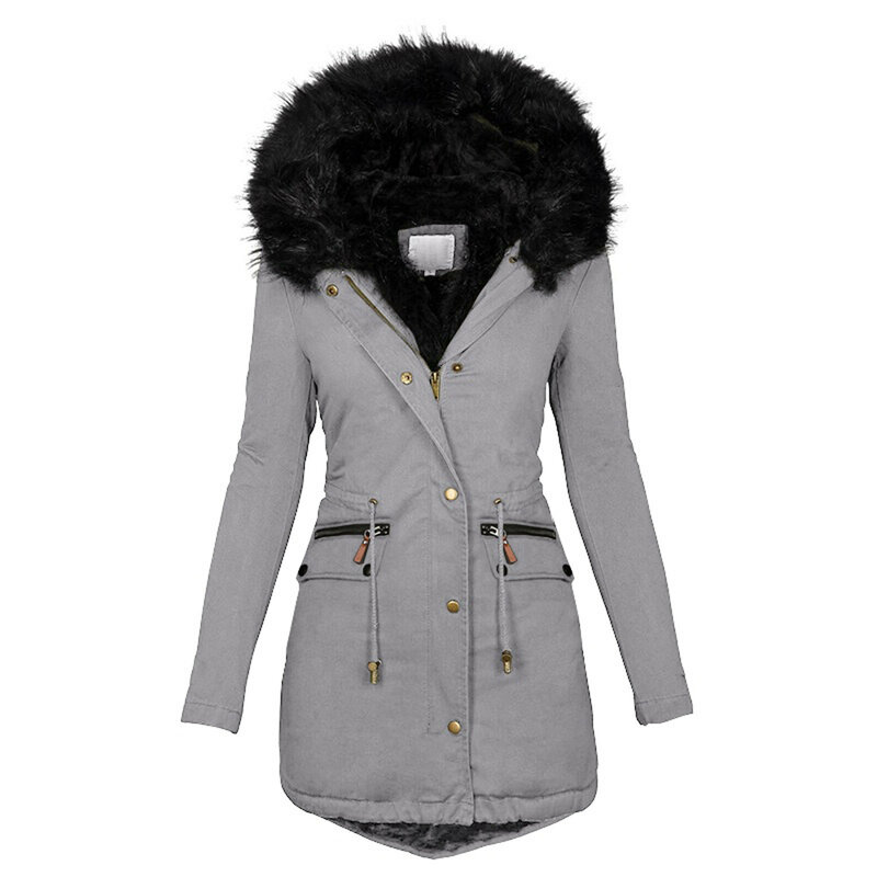 Casaco de pele sintética com capuz para mulheres, jaqueta de manga comprida, casaco espesso, parka de comprimento médio, casaco de neve quente, gola de pele inverno