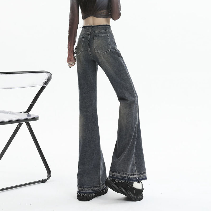 Vintage longgar, Jeans berkobar biru musim gugur 2023 Streetwear Vintage mode baru celana trendi wanita