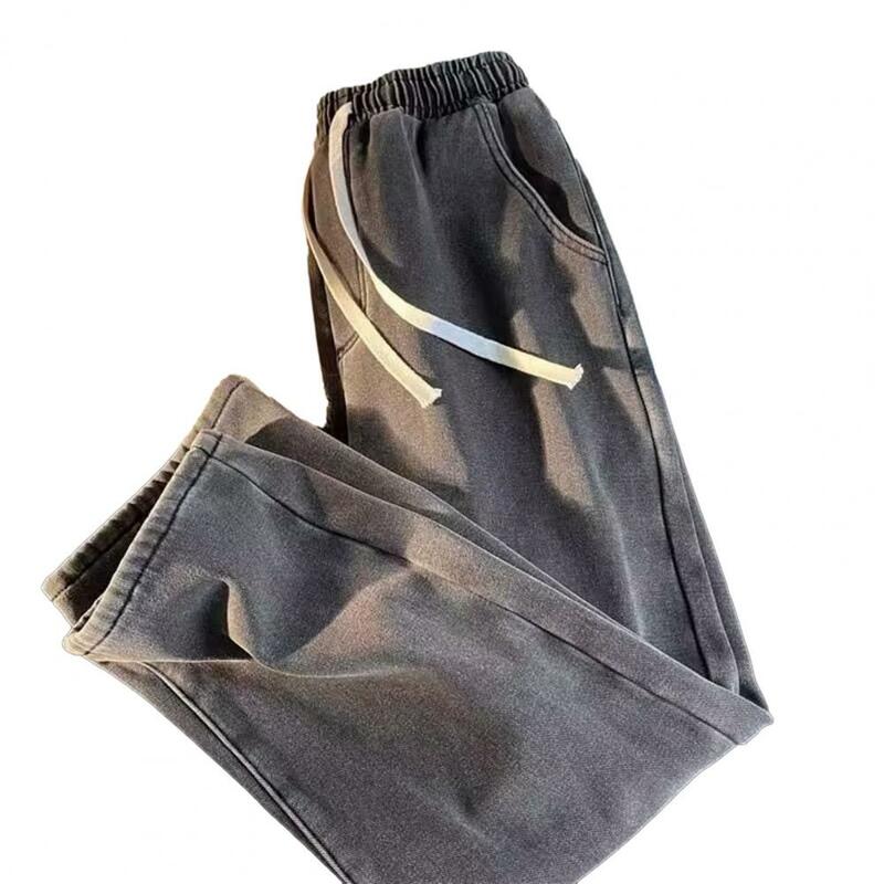 Celana dengan tali serut dapat diatur, Jeans Denim kaki lebar untuk pria, pinggang elastis celana panjang tali serut untuk A