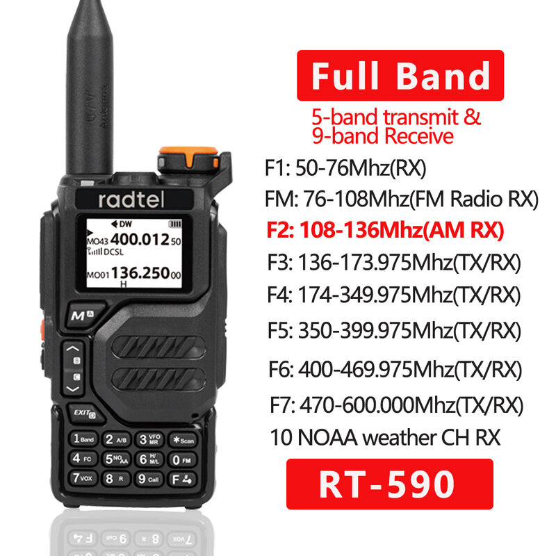 Radtel RT-590 에어 밴드 워키 토키 아마추어 햄 양방향 라디오 스테이션 UHF VHF 200CH 풀 밴드 HT NOAA 채널 AM Satcom