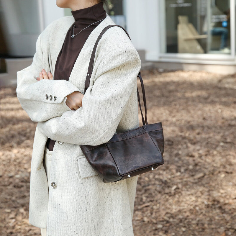 Bolsa de couro para mulheres, bolsa artesanal feminina retrô, estilo normal antigo, bolsa de balde de asa, bolsa de ombro transversal