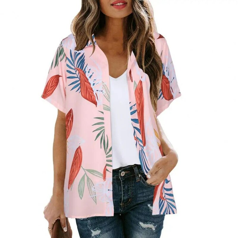 Camisa casual estampada floral para mulheres, manga curta, top de praia de lapela, streetwear solto, blusa, blusa