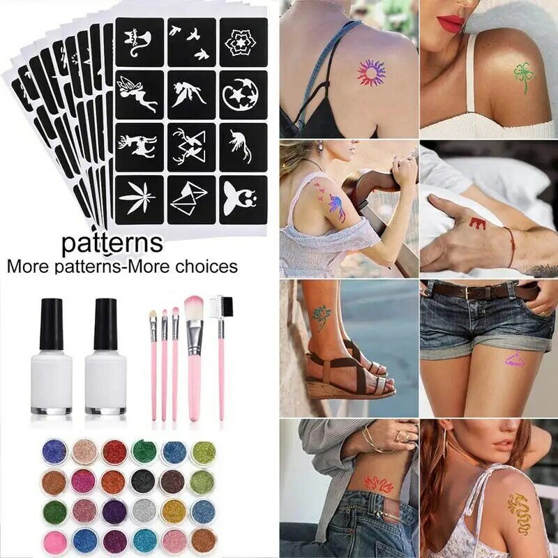 Kreative temporäre Körper Glitter Tattoo Kit für Kinder temporäre Tattoos für Mädchen Glitter Art Tattoo Schablonen Glitzer Pulver