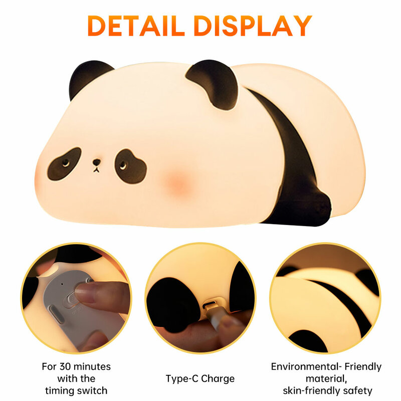 Cute Panda Night Light Silicone Animal Lamp Rechargeable Touch Sensor Light Dimmable Bedside Lamp Pat Light Baby Nursery Lamp