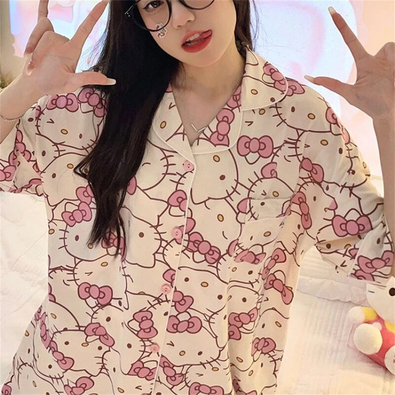 Женская короткая Пижама Sanrios Hello Kitty, свободный пижамный комплект из двух предметов