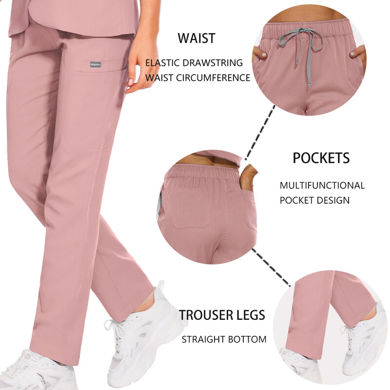 Calça feminina monocromática de perna larga Calça médica casual, elástico na cintura, enfermeira médica Calças compridas, ajuste de laboratório calças de trabalho
