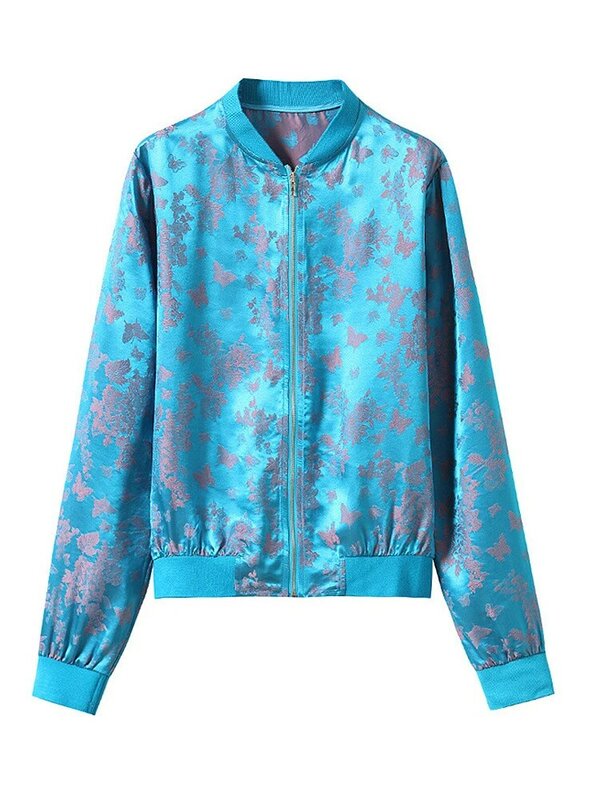 2022 primavera verão jaqueta para mulheres jacquard de seda jaqueta de beisebol gola com zíper curto casaco senhoras moda streetwear