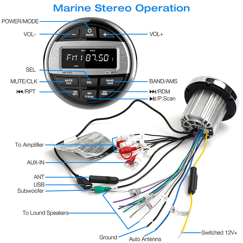 GRANDnavi-Bluetooth Marine Stereo Boat Radio, Impermeável FM AM Mídia Digital, Leitor de áudio para Yacht Gauge, ATV, UTV, Carrinho, Motocicleta