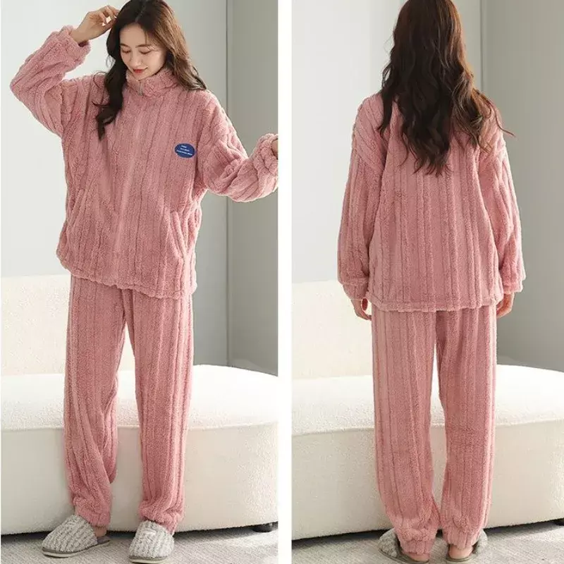 Pijama de lana de Coral para mujer, ropa de dormir gruesa con cremallera, cálida, de manga larga, para otoño e invierno, 2024