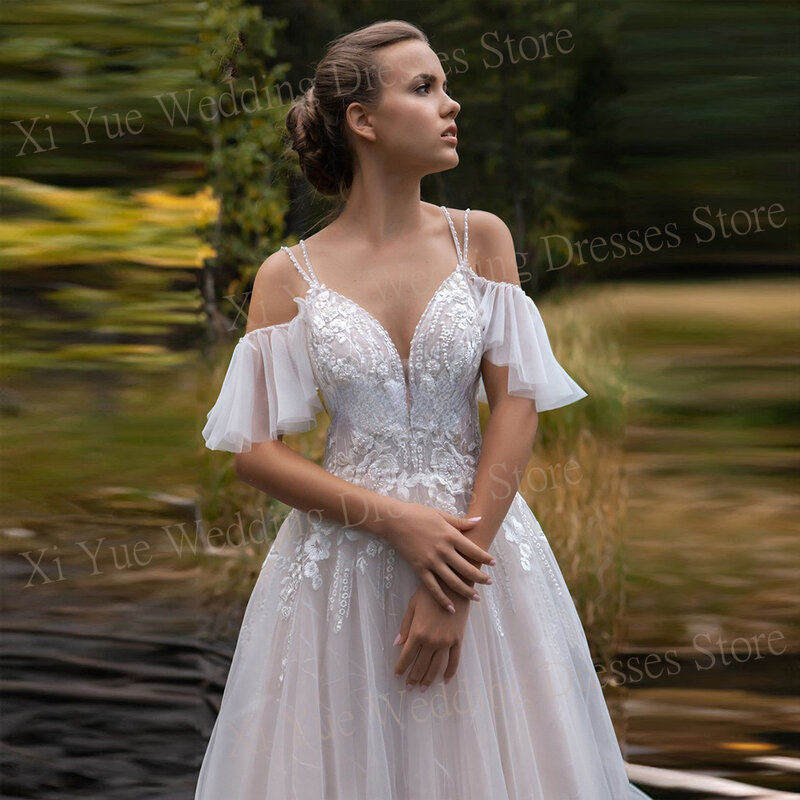 2024 Изящные красивые трапециевидные женские свадебные платья, Современные платья невесты с открытыми плечами, кружевное платье на пуговицах с аппликацией