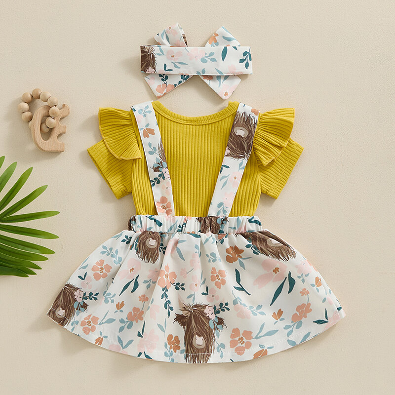 Летняя одежда для маленьких девочек, однотонные трикотажные комбинезоны в рубчик, юбка с принтом курицы на подтяжках, повязка на голову, комплект из 3 предметов