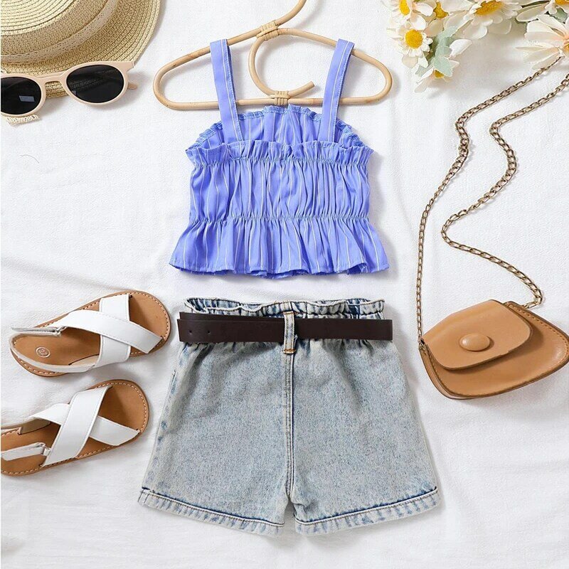 4-7T Kids Girls Shorts Set, Striped Pleated Camisole with Belted Denim Shorts Summer Casual Outfits