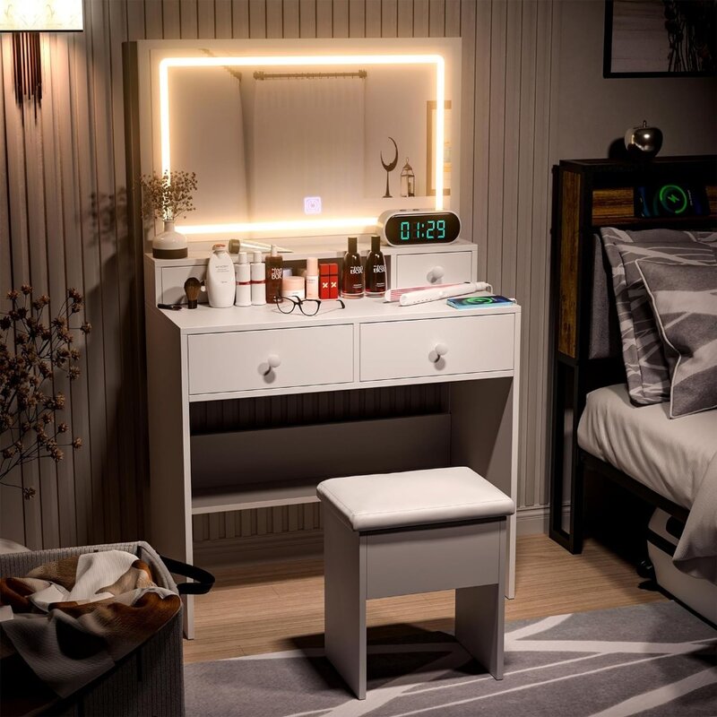 Set meja rias dengan cermin berlampu LED & Outlet daya, Set meja rias dengan bangku penyimpanan, 4 laci putih untuk kamar tidur