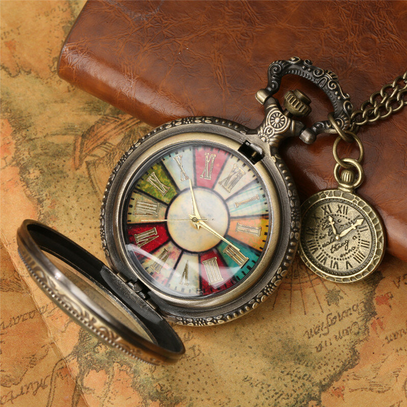Antyczny kolorowy zegarki tarczowe wyświetlacz z cyframi rzymskimi z brązu kwarcowy zegarek kieszonkowy dla mężczyzn kobiet wisiorek kompas z łańcuszkiem naszyjnik