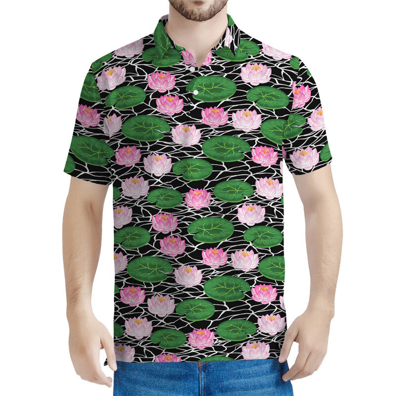 남성용 꽃 잎 연꽃 패턴 폴로 셔츠, 3D 프린트 꽃 티셔츠, 캐주얼 스트리트 단추 티셔츠, 라펠 반팔, 여름